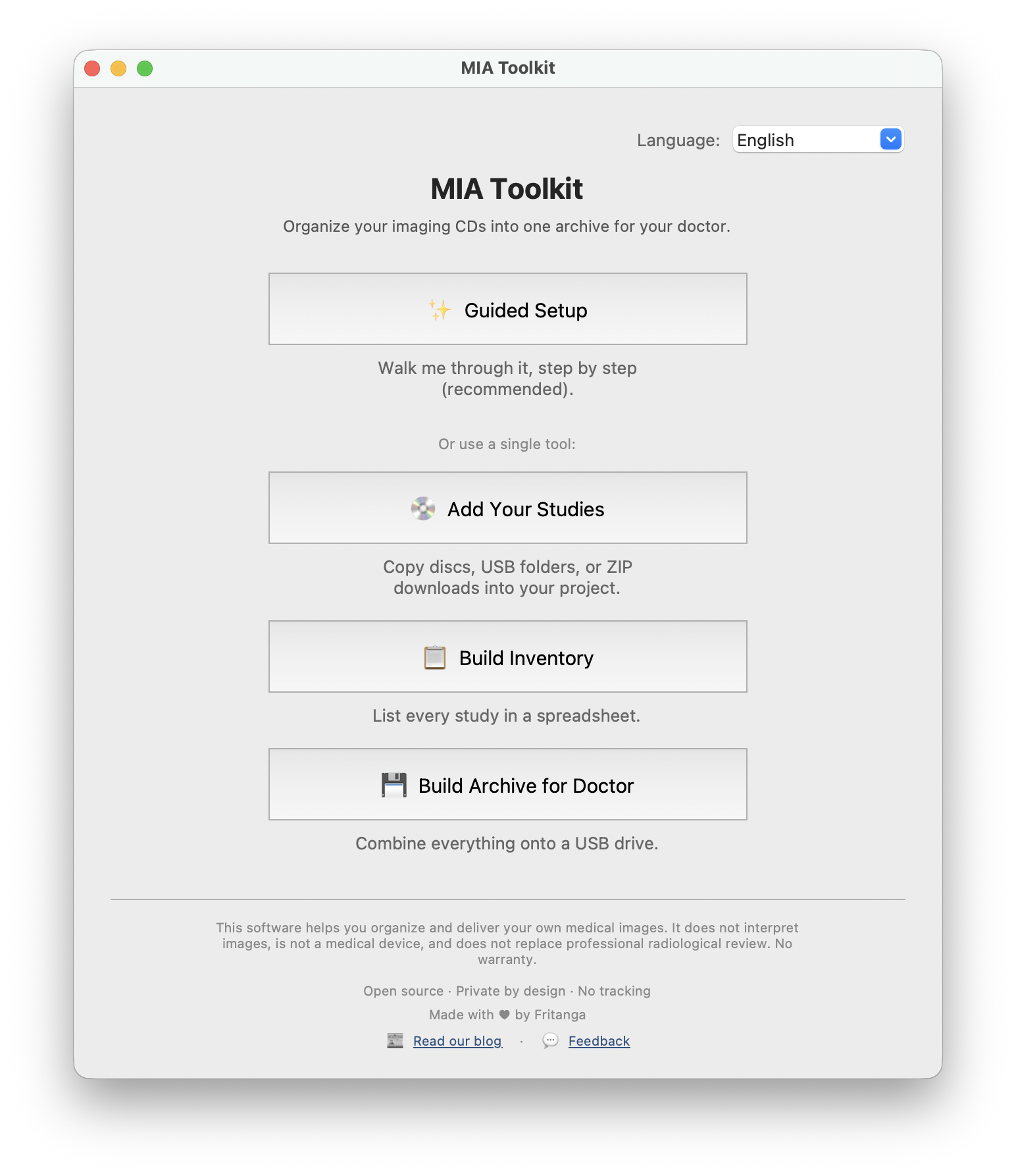 The MIA Toolkit home screen, with Guided Setup and the individual tools.