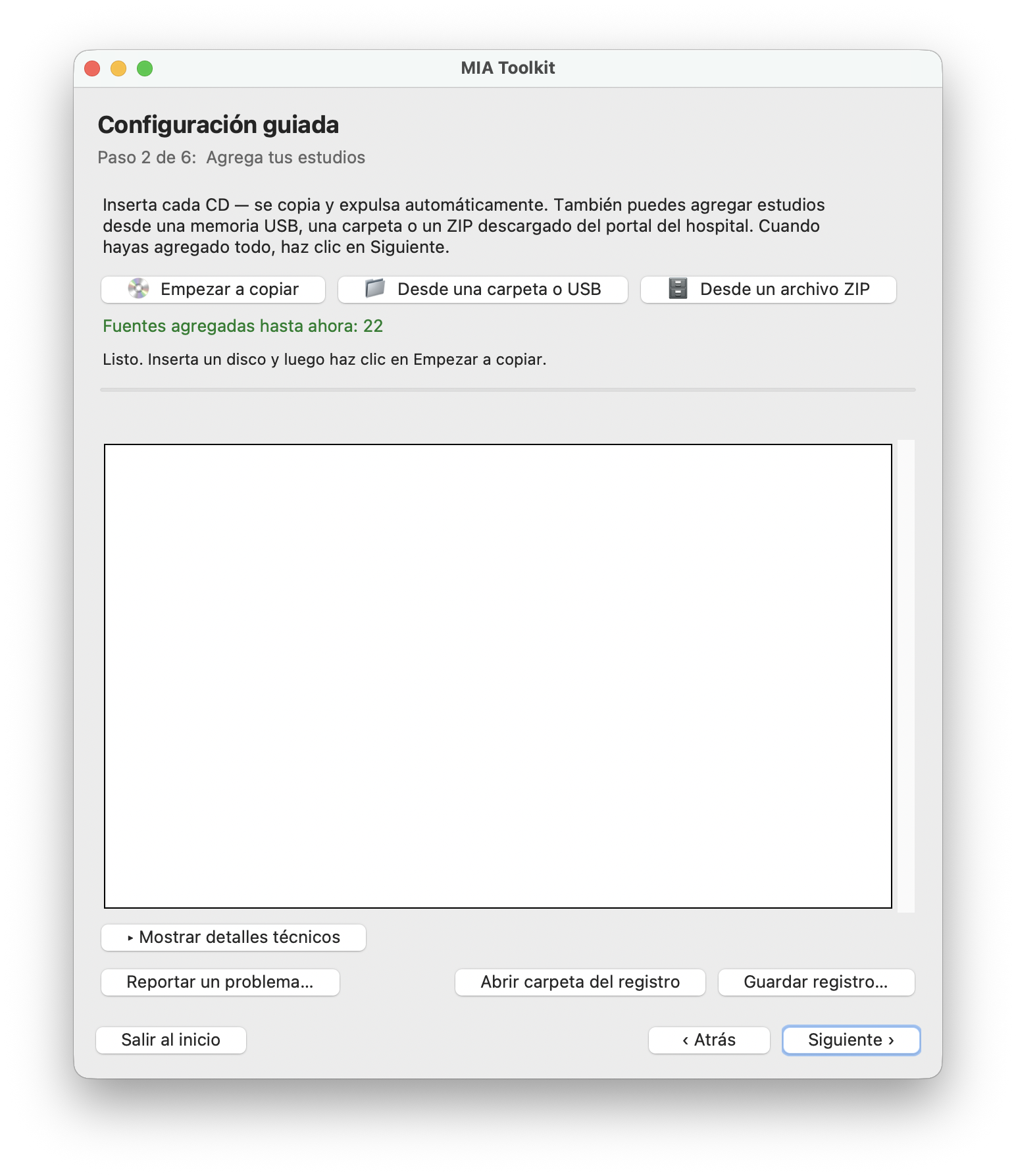 La pantalla Agrega tus estudios con opciones para copiar un disco, importar una carpeta o importar un ZIP.