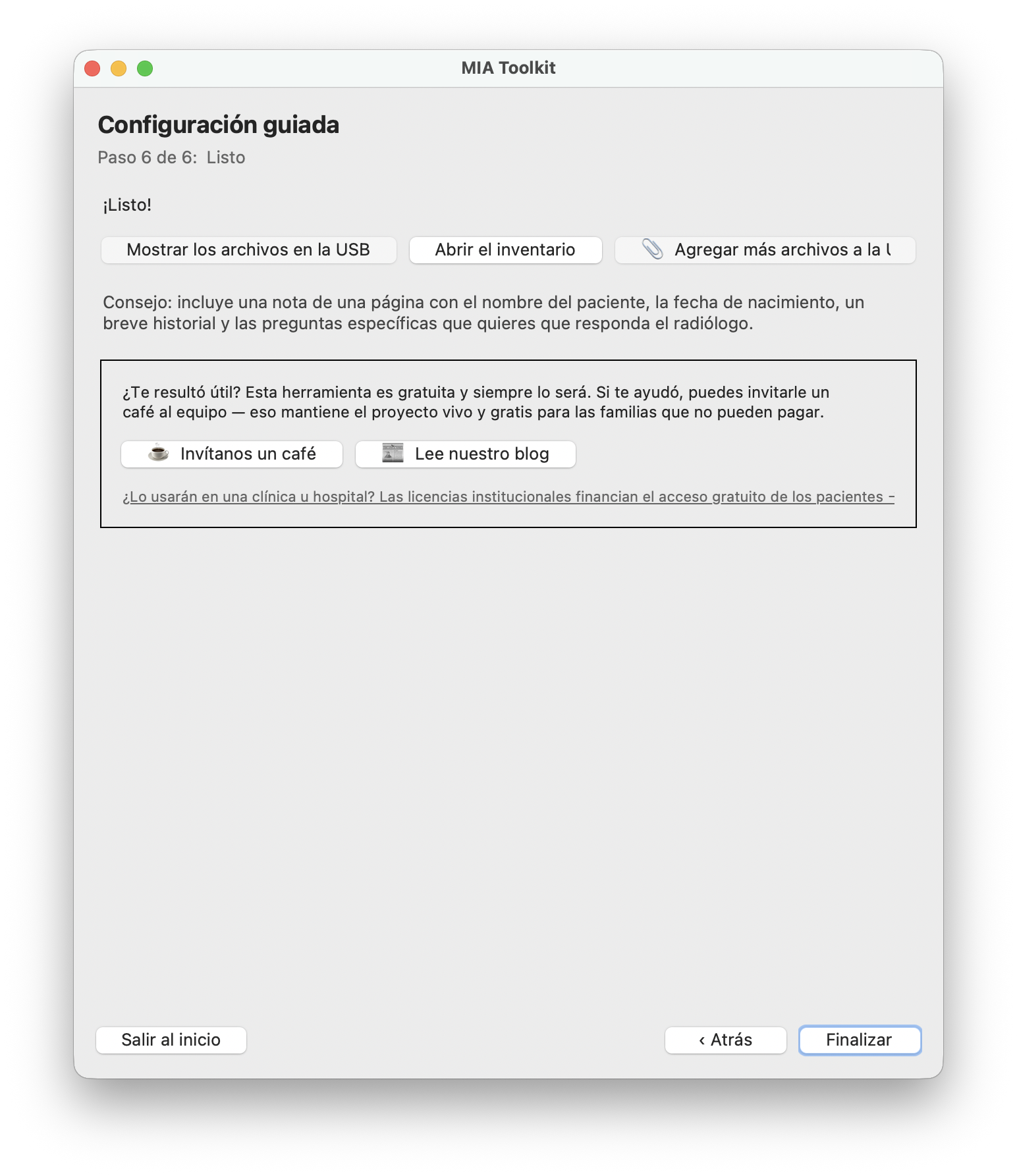 La pantalla Listo confirmando que el archivo se entregó a la USB.