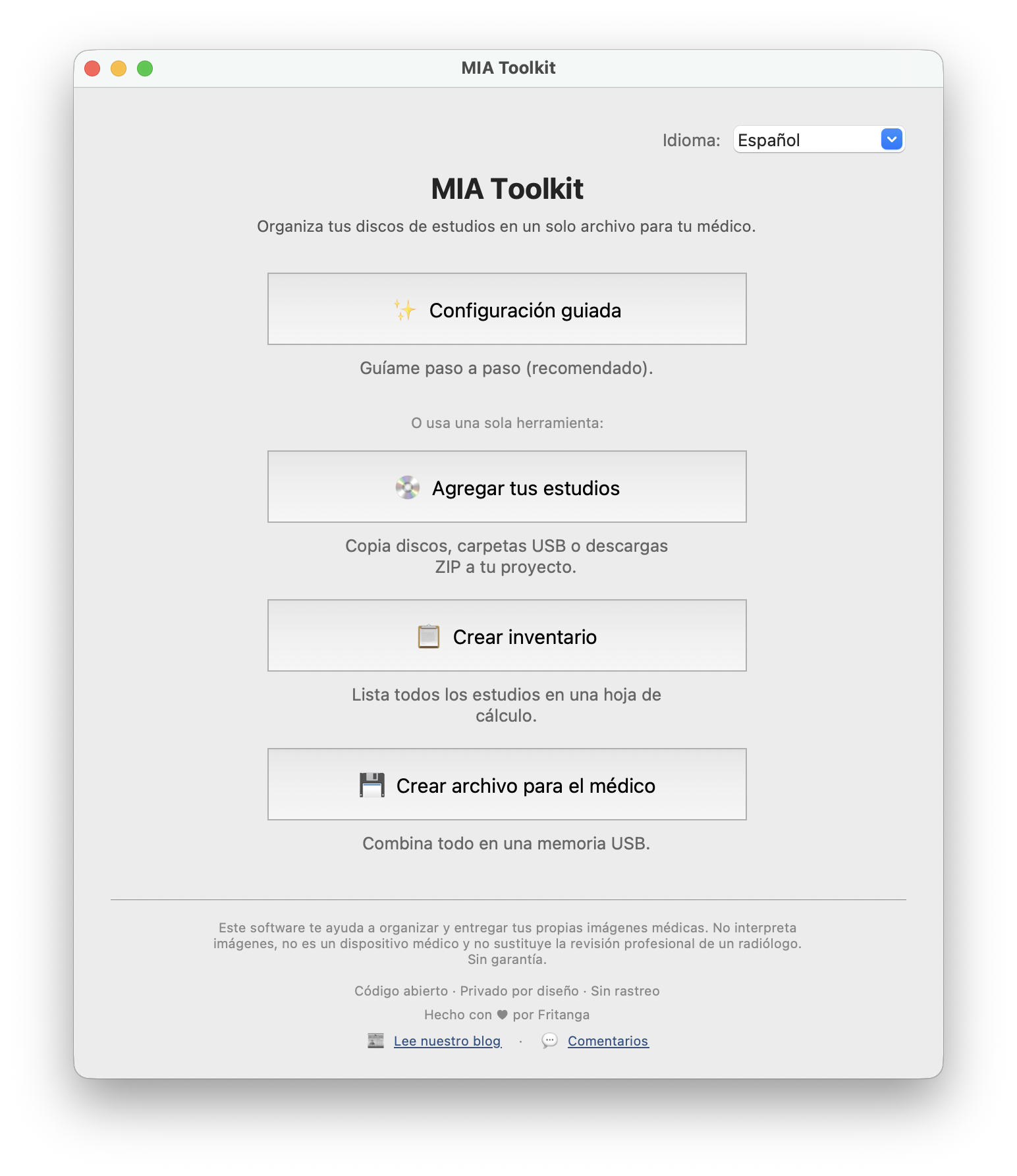 La pantalla de inicio de MIA Toolkit, con la Configuración guiada y las herramientas individuales.