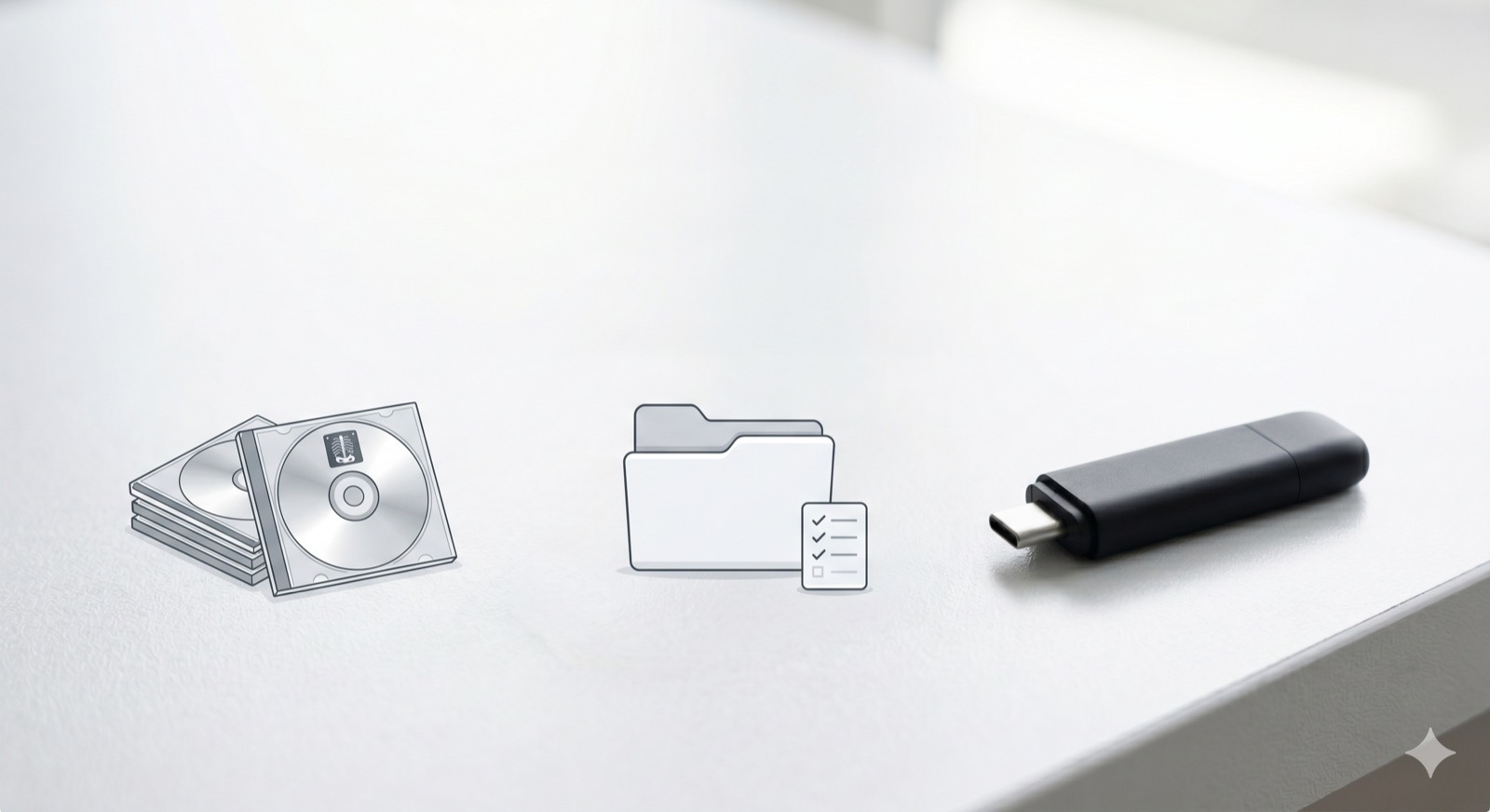 A stack of imaging CDs becomes one organized folder with a
                  checklist, then a single USB drive.